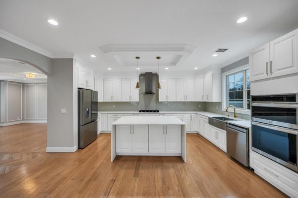 Interior, Kitchen, Pendant Lights, Recessed Lighting, Stainless Steel Appliances, Wood Texture Flooring
