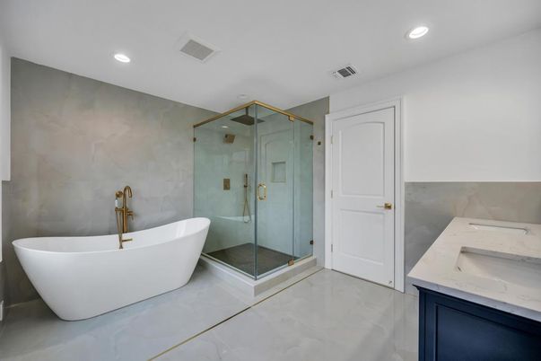 Bathroom, Free Standing Baths, Glass Shower, Interior, Marble, Marble Walls, Recessed Lighting