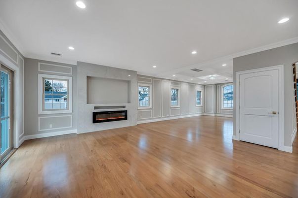Empty room, Fireplace, Interior, Recessed Lighting, Wood Texture Flooring