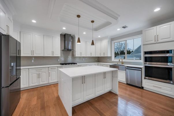 Interior, Kitchen, Pendant Lights, Recessed Lighting, Stainless Steel Appliances, Wood Texture Flooring