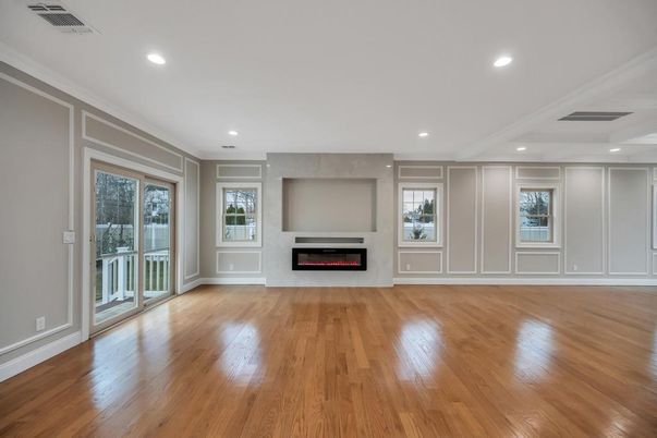 Empty room, Fireplace, Interior, Recessed Lighting, Wood Texture Flooring