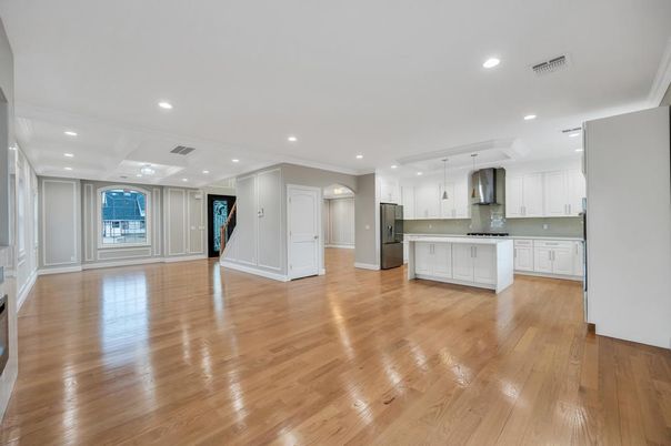 Empty room, Interior, Kitchen, Pendant Lights, Recessed Lighting, Wood Texture Flooring