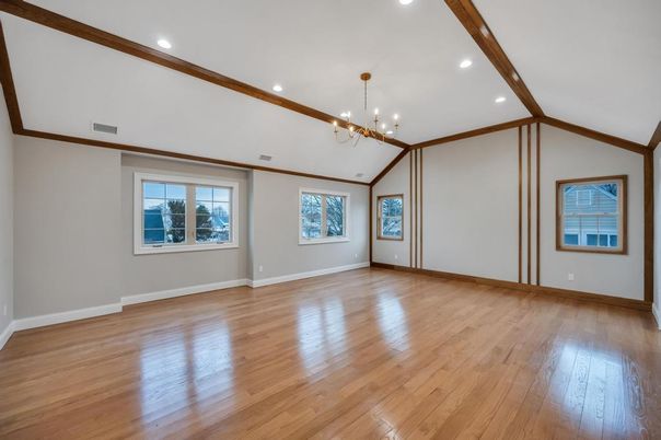 Empty room, Interior, Pendant Lights, Recessed Lighting, Wooden Beams, Wood Texture Flooring