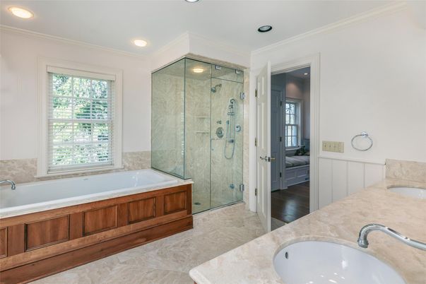 Bathroom, Dual Sink Vanities, Glass Shower, Interior, Recessed Lighting