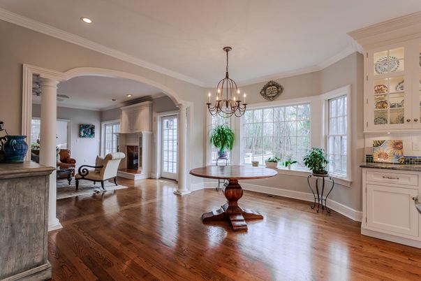 Chandelier, Fireplace, Interior, Recessed Lighting, Wood Texture Flooring
