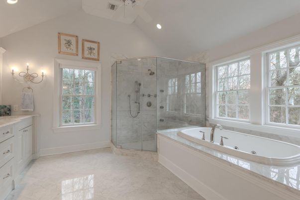 Bathroom, Glass Shower, Interior, Marble, Marble Walls, Recessed Lighting