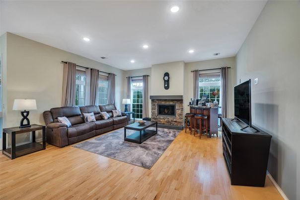 Fireplace, Interior, Living room, Recessed Lighting, Wood Texture Flooring