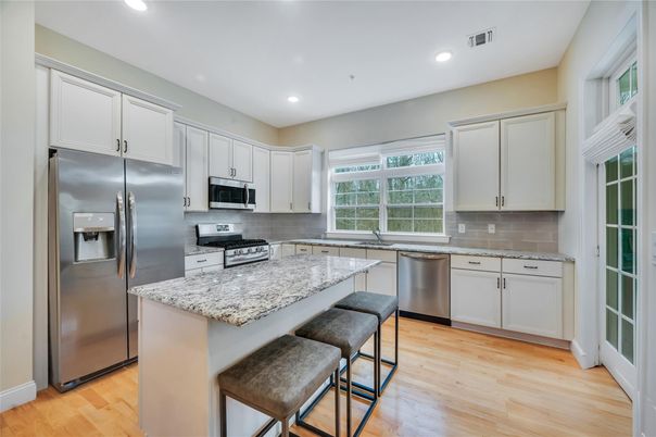 Interior, Kitchen, Recessed Lighting, Stainless Steel Appliances, Wood Texture Flooring
