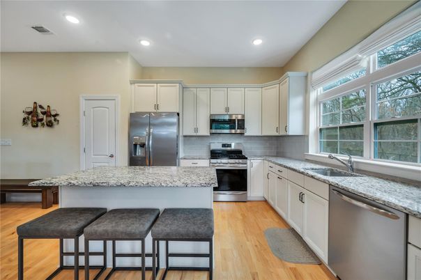 Interior, Kitchen, Recessed Lighting, Stainless Steel Appliances, Wood Texture Flooring