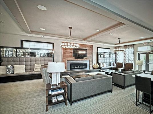 Fireplace, Interior, Living room, Pendant Lights, Recessed Lighting, Stone Walls