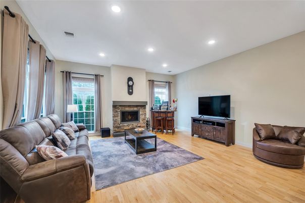 Fireplace, Interior, Living room, Recessed Lighting, Wood Texture Flooring