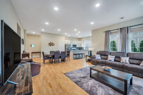 Dining room, Interior, Kitchen, Living room, Recessed Lighting, Stainless Steel Appliances, Wood Texture Flooring
