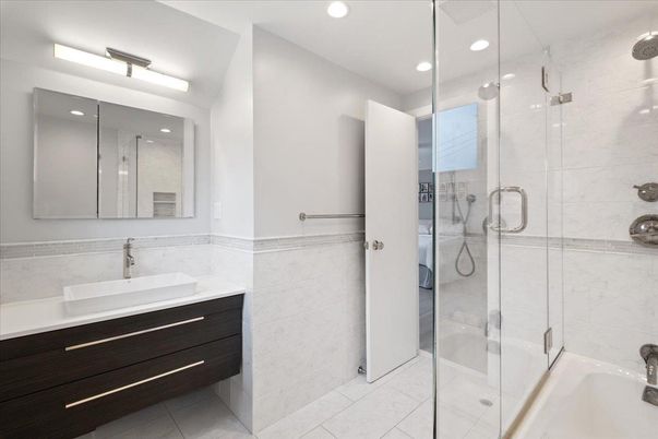Bathroom, Dual Sink Vanities, Glass Shower, Interior, Recessed Lighting