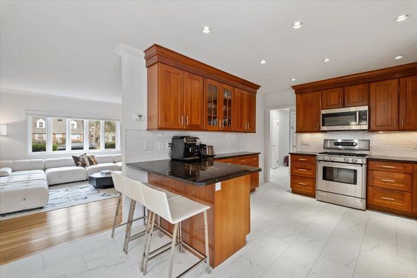 Interior, Kitchen, Living room, Marble, Recessed Lighting, Stainless Steel Appliances, Wood Texture Flooring