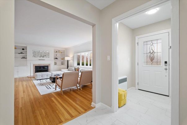 Fireplace, Interior, Living room, Marble, Recessed Lighting, Wood Texture Flooring