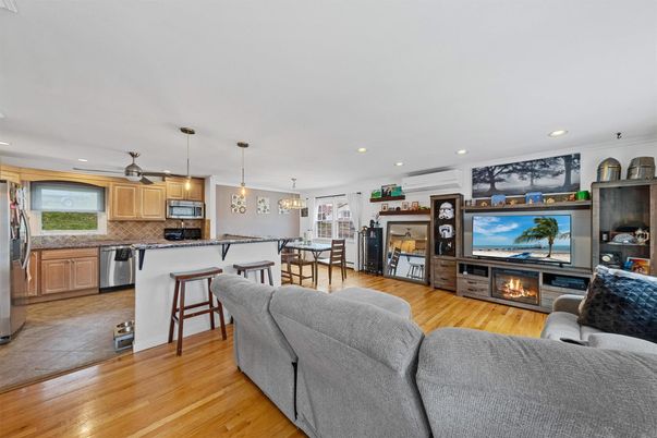 Dining room, Fireplace, Interior, Kitchen, Living room, Pendant Lights, Recessed Lighting, Wood Texture Flooring