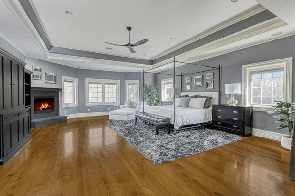 Bedroom, Fireplace, Interior, Recessed Lighting, Wood Texture Flooring