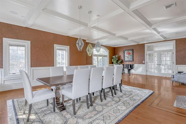 Dining room, Interior, Pendant Lights, Recessed Lighting, Wood Texture Flooring