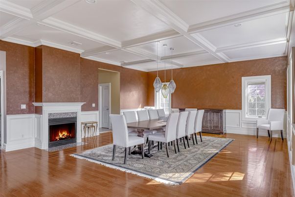 Dining room, Fireplace, Interior, Pendant Lights, Recessed Lighting, Wood Texture Flooring