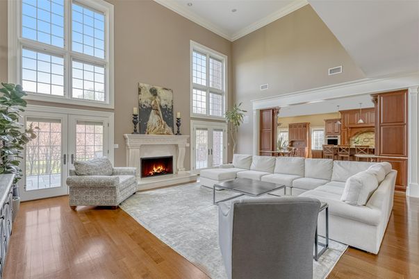 Dining room, Fireplace, Interior, Kitchen, Living room, Pendant Lights, Recessed Lighting, Wood Texture Flooring