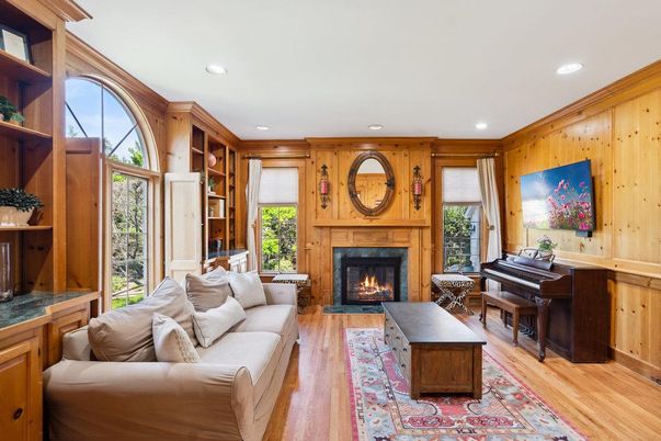 Fireplace, Interior, Living room, Piano, Recessed Lighting, Wood Texture Flooring, Wooden Walls