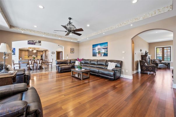 Dining room, Interior, Living room, Recessed Lighting, Wood Texture Flooring