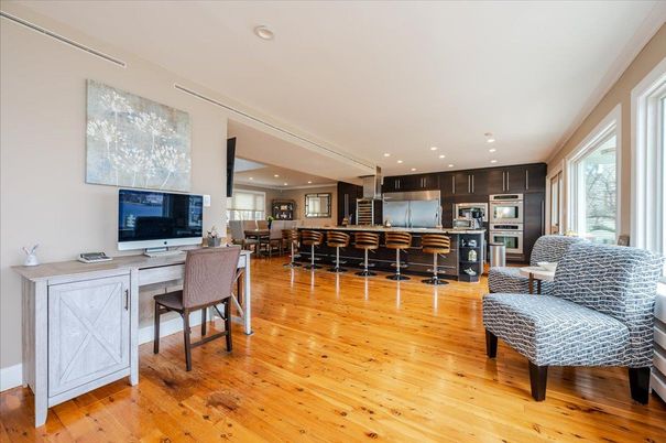 Dining room, Interior, Kitchen, Recessed Lighting, Stainless Steel Appliances, Wood Texture Flooring