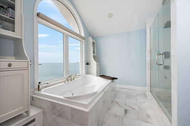 Bathroom, Glass Shower, Interior, Marble, Recessed Lighting, Water