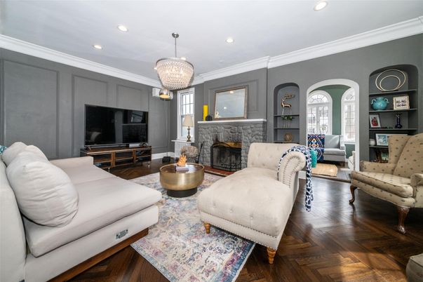Chandelier, Fireplace, Interior, Living room, Recessed Lighting, Wood Texture Flooring
