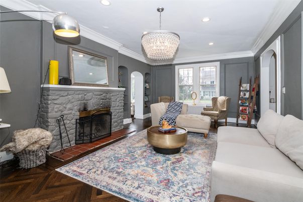 Chandelier, Fireplace, Interior, Living room, Recessed Lighting, Wood Texture Flooring