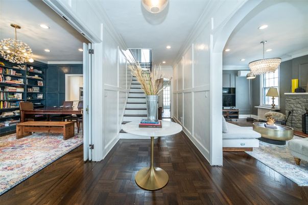 Chandelier, Fireplace, Home Office, Interior, Pendant Lights, Recessed Lighting, Wood Texture Flooring