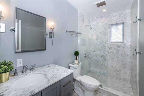 Bathroom, Glass Shower, Interior, Marble, Marble Walls, Recessed Lighting