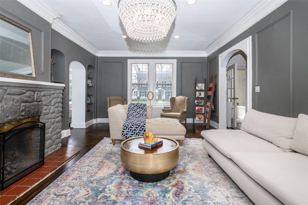 Chandelier, Fireplace, Interior, Living room, Recessed Lighting, Wood Texture Flooring