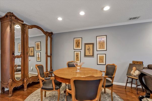 Dining room, Interior, Recessed Lighting, Wood Texture Flooring