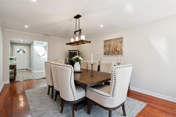 Dining room, Interior, Pendant Lights, Recessed Lighting, Wood Texture Flooring
