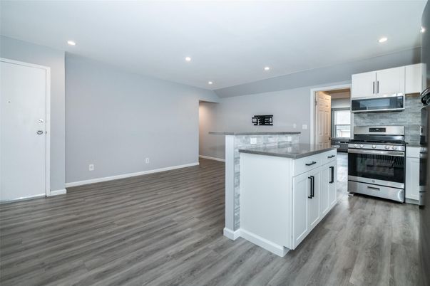 Interior, Kitchen, Recessed Lighting, Stainless Steel Appliances, Wood Texture Flooring