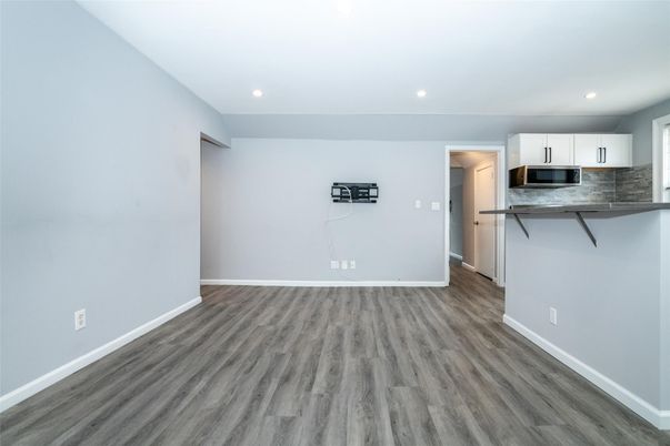 Empty room, Interior, Kitchen, Recessed Lighting, Wood Texture Flooring