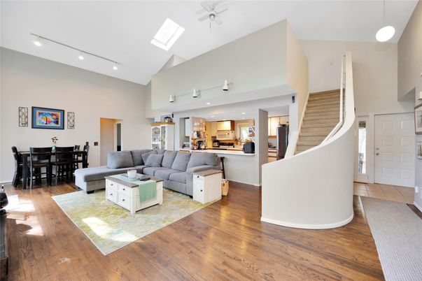 Dining room, Interior, Kitchen, Living room, Pendant Lights, Recessed Lighting, Stainless Steel Appliances, Wood Texture Flooring