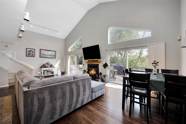 Dining room, Fireplace, Interior, Living room, Wood Texture Flooring