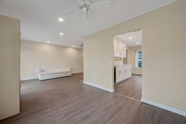 Empty room, Interior, Kitchen, Recessed Lighting, Wood Texture Flooring