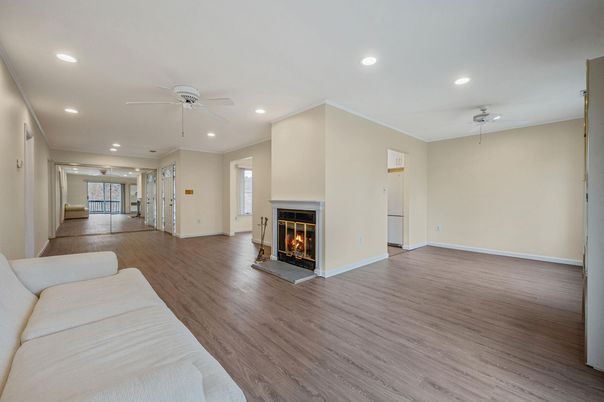 Empty room, Fireplace, Interior, Recessed Lighting, Wood Texture Flooring