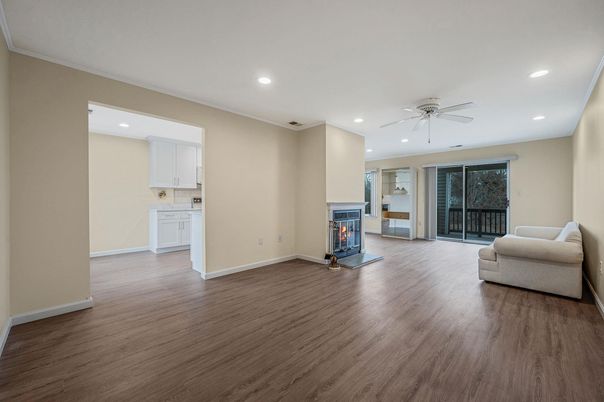 Empty room, Fireplace, Interior, Recessed Lighting, Wood Texture Flooring