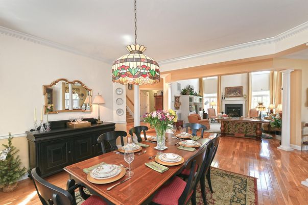 Dining room, Fireplace, Interior, Living room, Pendant Lights, Wood Texture Flooring