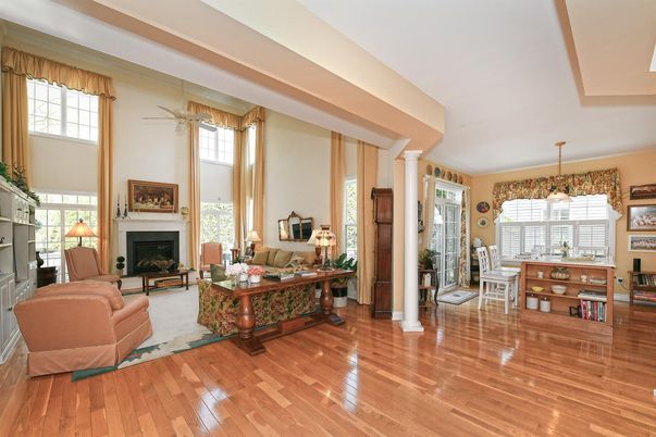 Fireplace, Interior, Living room, Pendant Lights, Wood Texture Flooring