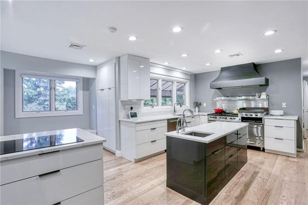 Interior, Kitchen, Recessed Lighting, Stainless Steel Appliances, Wood Texture Flooring