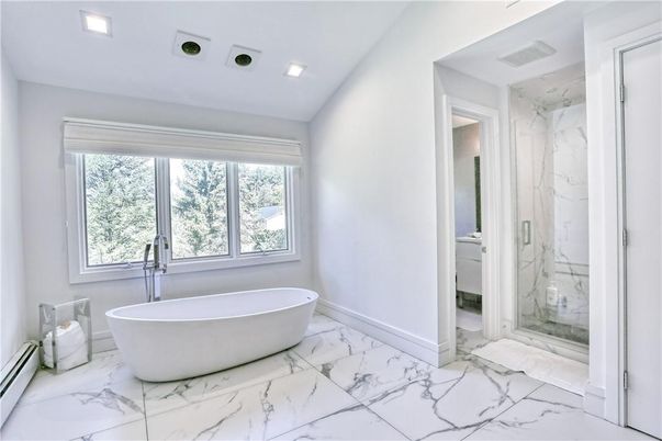 Bathroom, Free Standing Baths, Glass Shower, Interior, Marble, Marble Walls, Recessed Lighting