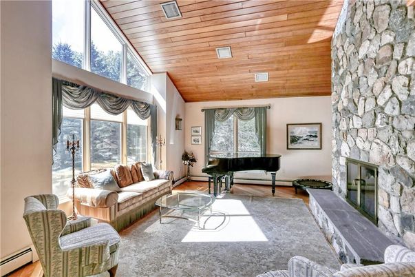 Fireplace, Interior, Living room, Piano, Stone Walls, Wooden Ceilings, Wood Texture Flooring