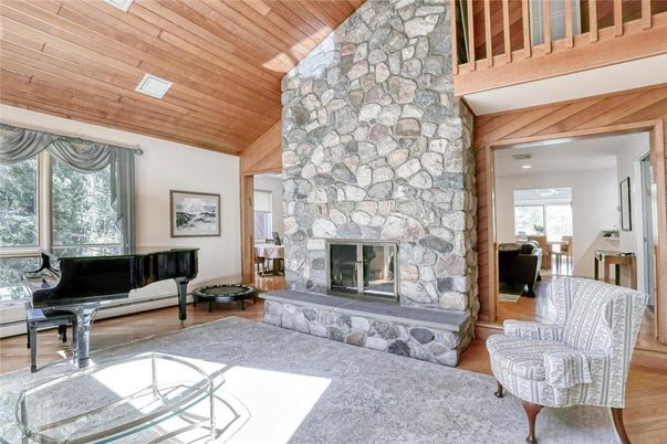 Fireplace, Interior, Piano, Stone Walls, Wooden Ceilings, Wood Texture Flooring