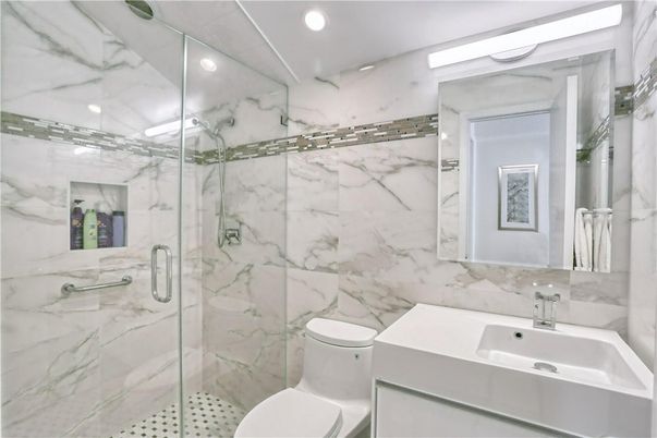 Bathroom, Glass Shower, Interior, Marble Walls, Recessed Lighting