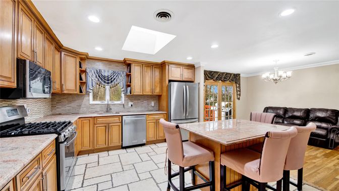 Chandelier, Interior, Kitchen, Recessed Lighting, Stainless Steel Appliances, Wood Texture Flooring